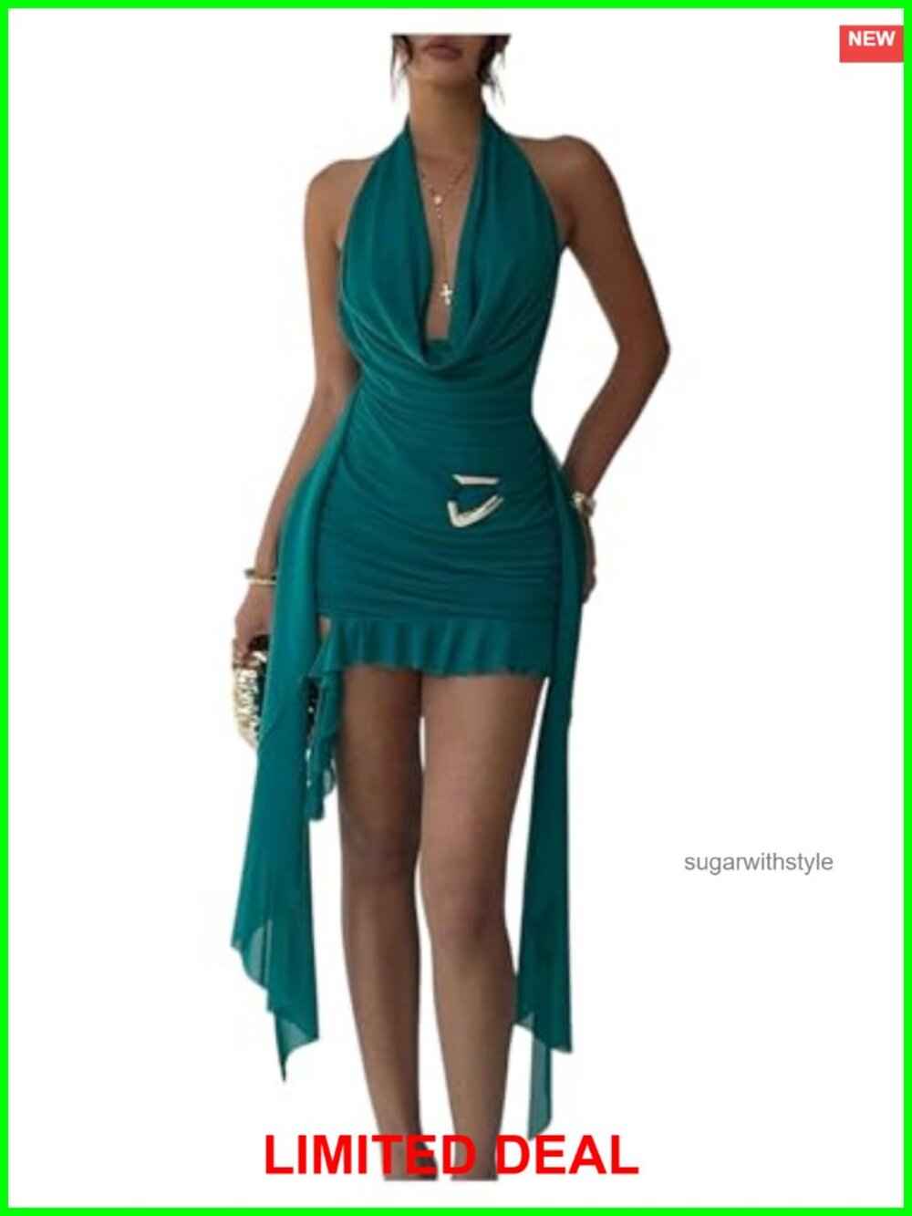Draped Cowl Neck Halter Mesh Bodycon Mini Dress Backless Sleeveless Ruched